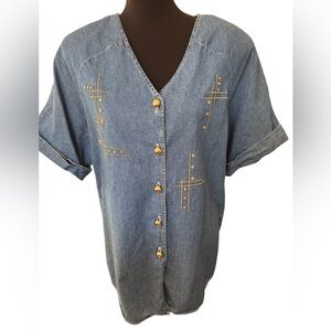 VTG 80s Scarlett Women’s Blue Denim Shirt 16M Embroidered Gold Studded Cotton